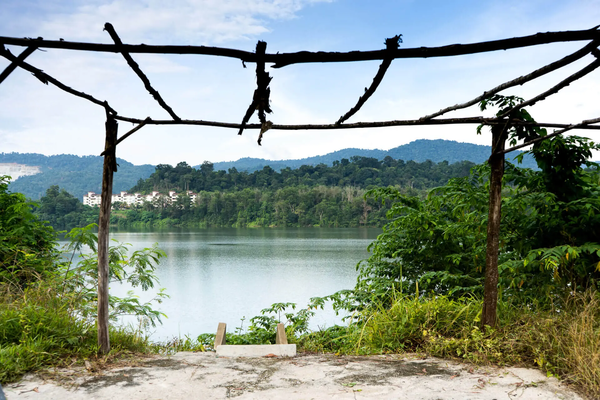 Bamboo structure on the bank of a waterbody